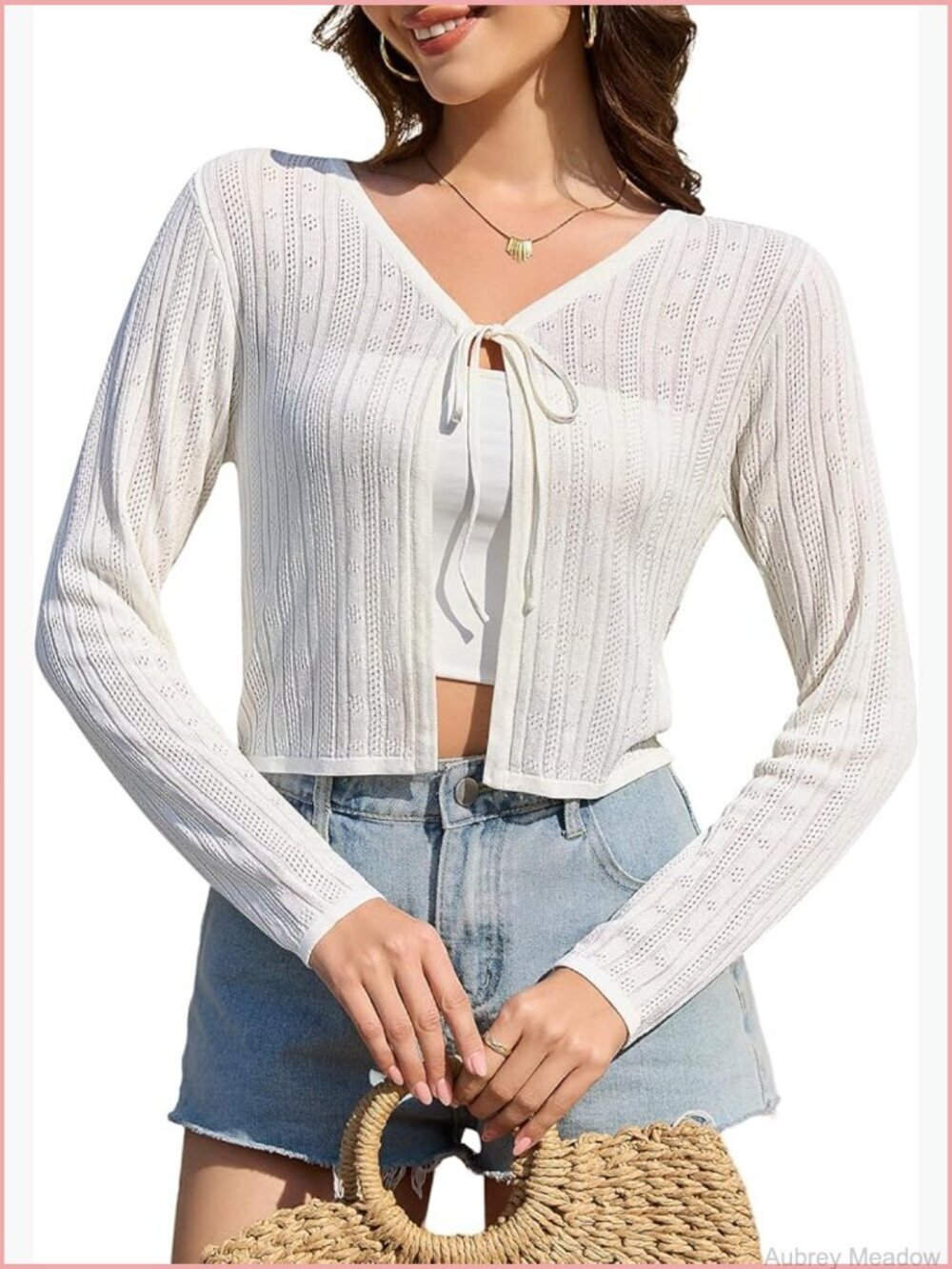 Tie Front Cropped Cardigan Sweater Open Front Knit Long Sleeve